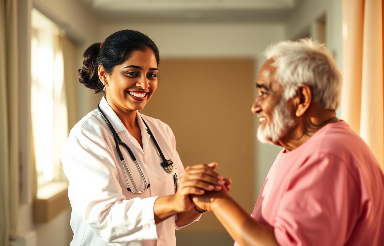 Kerala nurse comforting an elderly patient